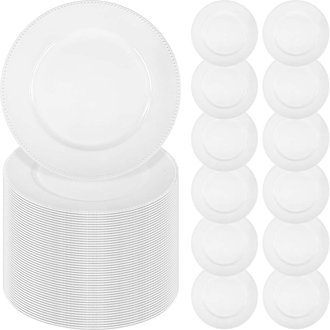 YMHPRIDE Charger Plates - 60 Pack, White Plastic Reusable Dinner Charger Plates, 13'' Round Beaded Chargers Plates Vintage Table Decoration for Elegant Dining - Ideal for Weddings and Formal Events (60 PCS)