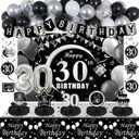 30th Birthday Decorations, Black Silver 30-year-old Birthday Banner Decoration for Men, Women, Thirty Birthday Table Decor, Black Silver 30th Birthday Balloons with Silver 30 Number Balloons for Her