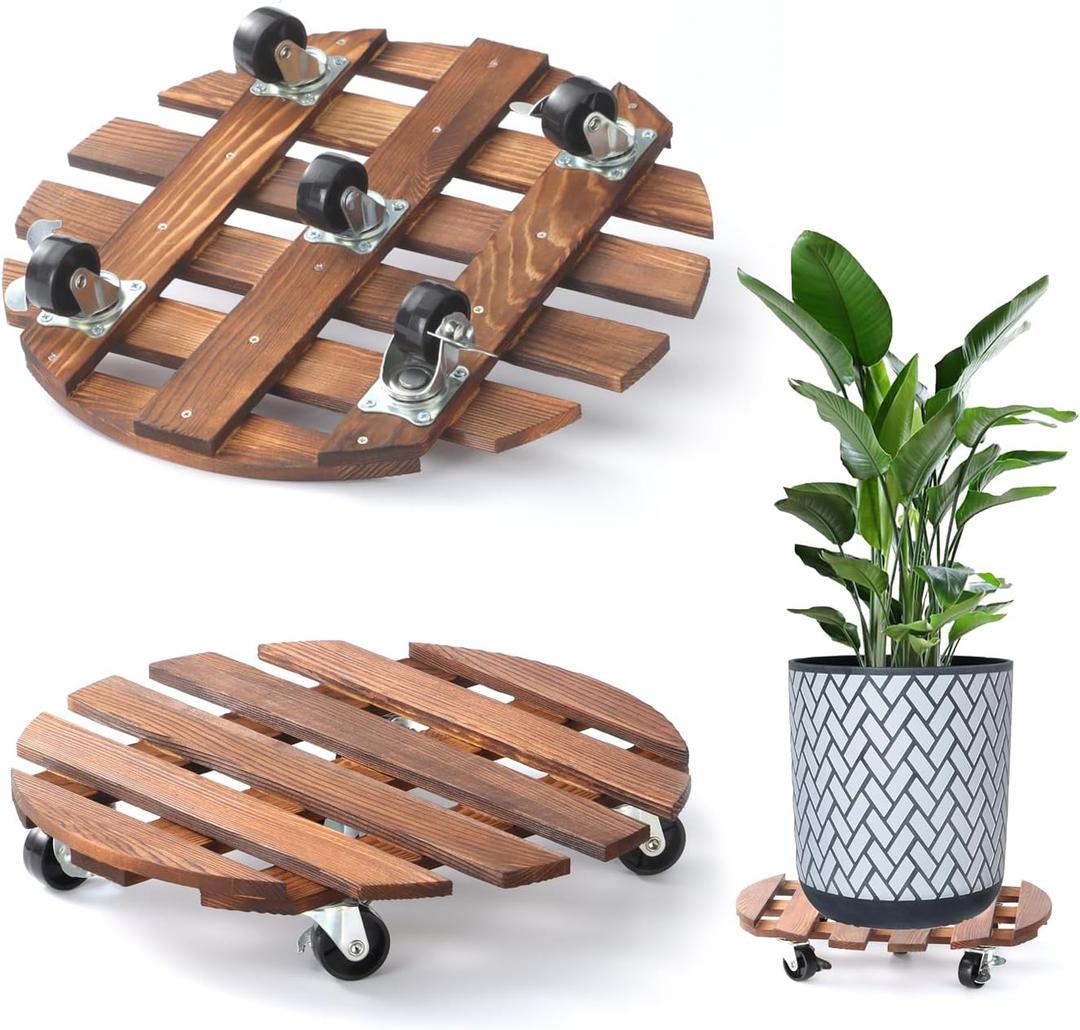 2 Pack 14" Plant Caddy with 5 Wheels, Rolling Plant Stand 220 LB Heavy Duty Wooden Round Plant Dolly with Metal 360 Lockable Caster Wheels for Outdoor Indoor Large Plant Pots, Flower Pot, Patio