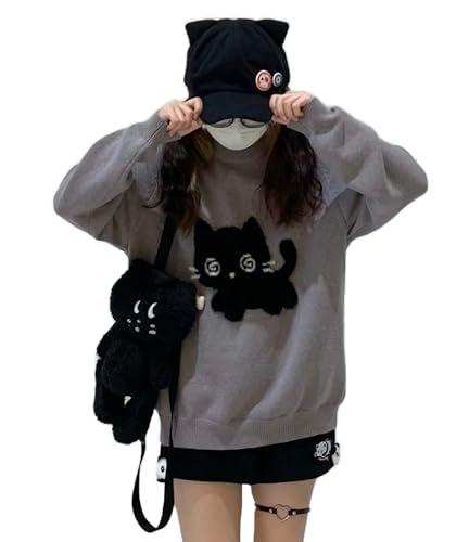 Y2K Kawaii Knit Cute Cat Print Casual Long Sleeve Crew Neck Oversize Pullovers Sweaters for Women (Grey,Medium)