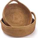 Rattan Storage Basket, Hand Woven Fruit Basket with Handles, Wicker Serving Basket, Bread Basket, Decorative Baskets for Organizing, Set of 2