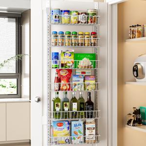 Delamu Adjustable Cabinet Door Organizer, 6Tier Hanging Spice Rack Organizer, Metal Over the Door Pantry Organizer, Pantry Organizers and Storage Shelves for Kitchen Bathroom Laundry Room, White M