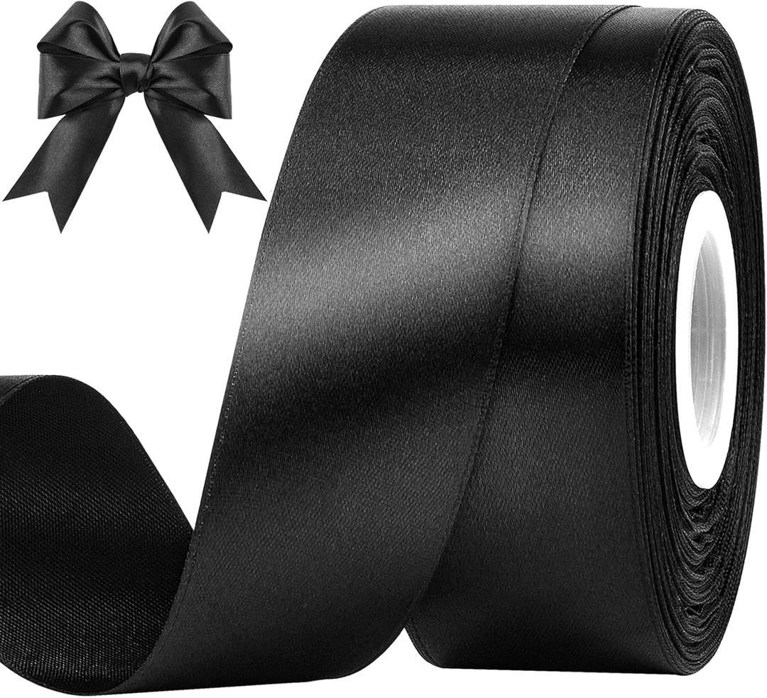 1-1/2 Inches 50 Yards Black Satin Ribbon, Solid Fabric Ribbon Roll for Flower Bouquets, Gift Wrapping, Wedding, Handmade Crafts