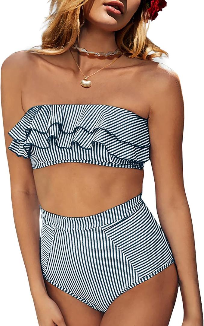 Saodimallsu Women High Waisted 2 Piece Bikini Set Bandeau Ruffle Swimsuit Top Striped Bathing Suits (X-Large, Navy)