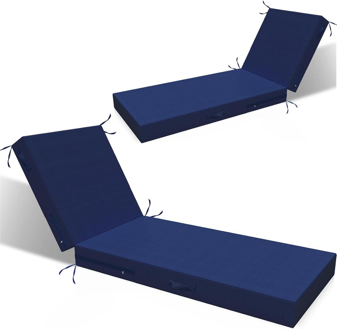 L'AGRATY Chaise Lounge Chair Waterproof Cushion Outdoor for Pool Lawn Deck | 72x21x3 Inch Patio Cushion for Balcony Garden, Fade-Resistant Pads with Removable Cover, Ties and Hidden Zipper(Navy Blue, Pack of 2)