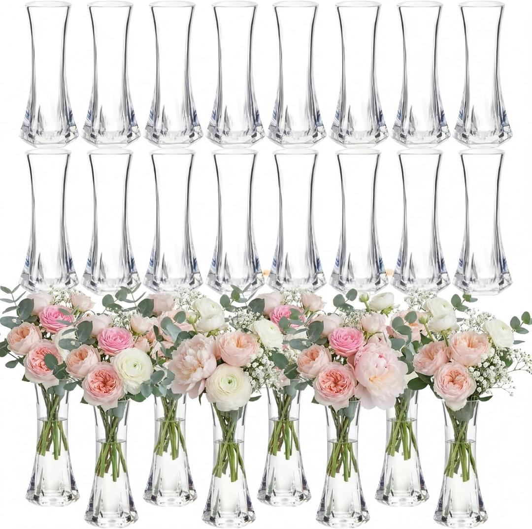 Mumufy 24 Pcs Plastic Bud Vases in Bulk Small Clear Flowers Vases for Centerpieces Wedding Decorations Home Banquet Formal Dinners Party Table Decor(Hexahedron)