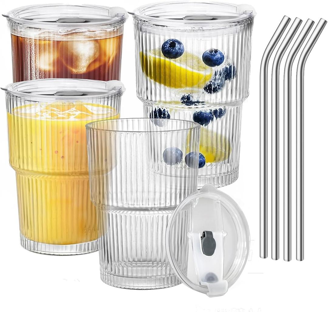4pcs Glass Cups with Lids and Straws,14Oz Ice Coffee Cups With Lids Glass Tumbler With Straws,Glasses Go to Traveling Mugs For Cold Drinks Smoothie Juice Drinking (13.9 Ounces)