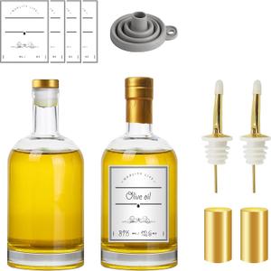 Olive Oil Dispenser Bottle for Kitchen, Clear Glass Oil and Vinegar Dispenser Set, Coffee Syrup Dispenser, Container With Metal Pour Spout, Airtight Lid, Funnel, Waterproof Labels (375ml-2 Pack)