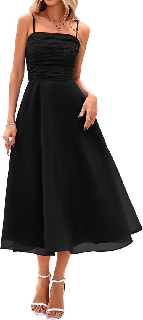 PRETTYGARDEN Womens Summer Dresses 2025 Spaghetti Strap Sleeveless Smocked Flowy Midi Wedding Guest Dress with Pockets (Small, Black)