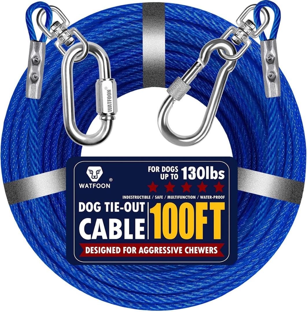 Dog Leads for Yard, 100ft Tie Out Runner Steel Wire Cable, Heavy Duty Pet Tether Chains for Dogs Up to 130 Lbs, Outside, Camping, Park (100ft-Blue)