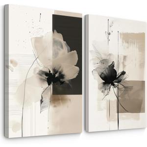 Modern Abstract Floral Wall Art Minimalist Neutral Canvas Painting Decor Beige Cream And Black Wall Art Contemporary Flower Picture Prints for Living Room Bedroom 16x24 Inch Wrapped Canvas Set of 2