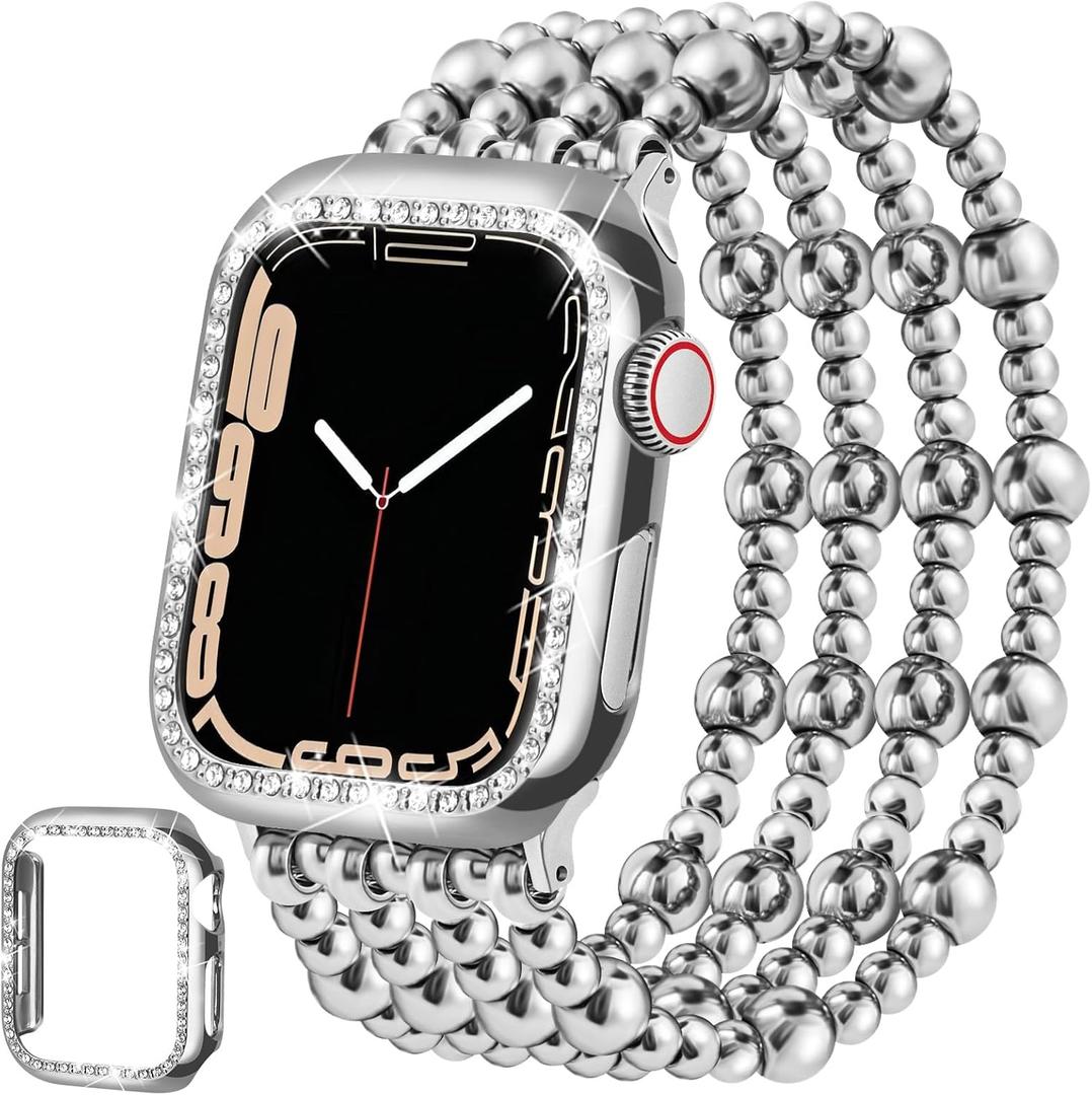 Stainless Steel Beaded Bracelet & Case for Apple Watch Band 40mm, 38mm, 41mm Women, Handmade Dressy Cute iPhone Watch Bands Stretchy Fashion Straps for iWatch Series 9 8 7 6 5 4 3 2 1 SE (A-Silver Band + Silver Case (No Screen Protector))