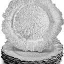 WUWEOT 12 Pack Charger Plates, 13" Round Plastic Reef Plate Chargers with Flora Reef Design for Wedding Dinner Party Decoration (Silver)