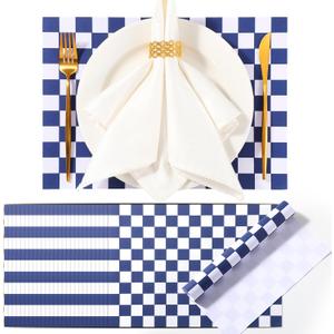 Tinlade 150 Pcs Paper Placemats Disposable Gingham Table Mats Summer Checkered Picnic BBQ Paper Bulk Table Place Mats for Dinner Birthday Party Decorations Kitchen,10"x14"(Blue,White)