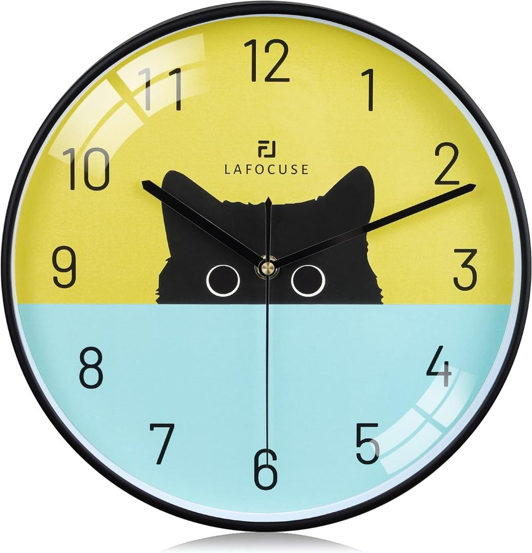 Lafocuse 12 Inch Silent Cat Wall Clock Battery Operated, Black Cat Clock Analog for Girls Room, Cute Animal Clock for Kids Bedroom
