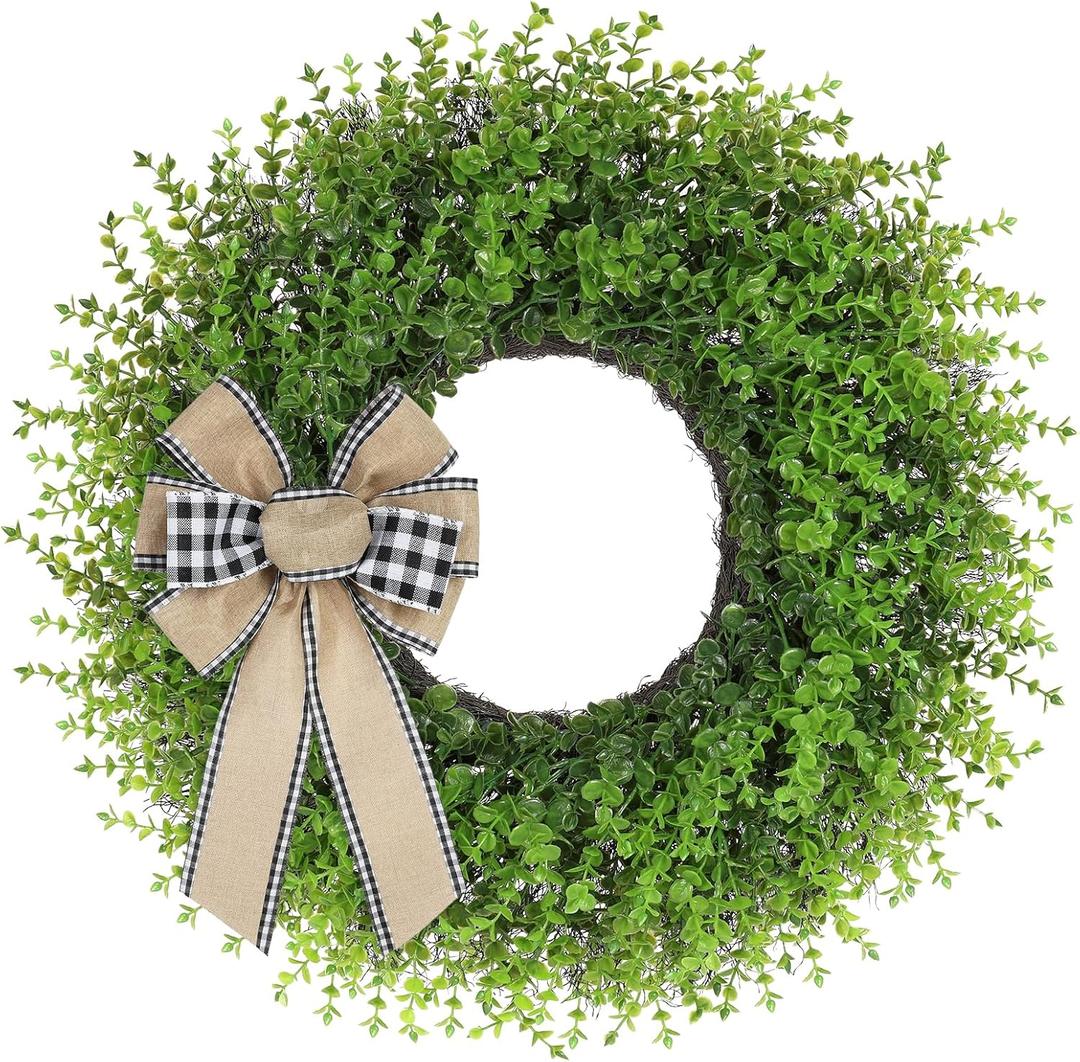 CYANBLOOM 24 Inch Farmhouse Greenery Wreath with Buffalo Plaid Bow  Artificial Boxwood Front Door Wreath for Year-Round Home Dcor, Rustic Wall & Entryway Decoration