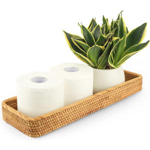 Rattan Toilet Tank Basket Woven Guest Towel Holder Decorative Wicker Tray 17" x 6" x 2" for Serving Bread or Shelves Bathroom Counter Organizers and Storage (17 x 6 x 2 inches, Honey Brown)