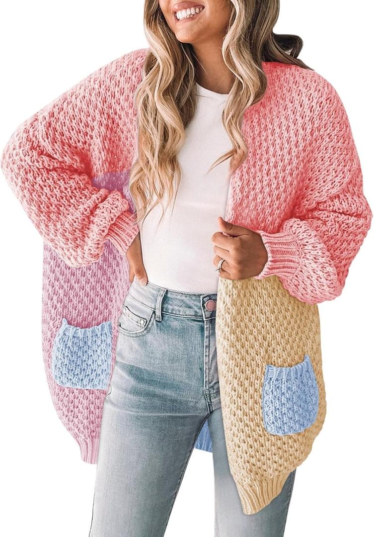 Pink Queen Women 2026 Fall Oversized Sweaters Cardigan Lantern Sleeve Chunky Knit Outwear Coats with Pockets