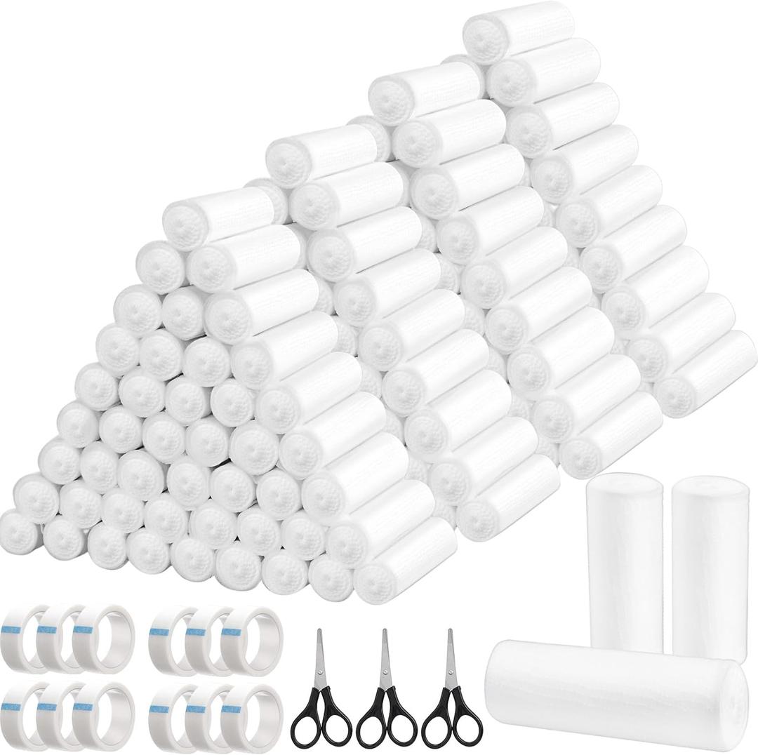 Timgle 180 Pack Gauze Rolls Bandages Set 4 in x 4.1 Yards Stretch Bandage White Rolled Breathable Gauze Wrap with 12 Non Woven Tape and 3 Black Scissors for Wound Care First Aid Supplies
