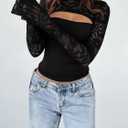 Women's Lace Long Sleeve Going Out Tops Sexy Y2K Crew Neck Cutout Double Lined Slim Night Out Shirts (Black, L)