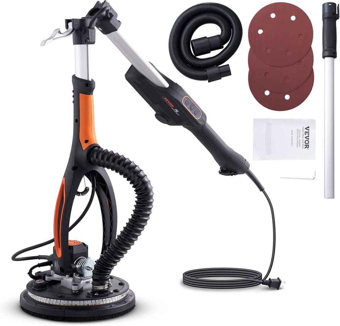 VEVOR Drywall Sander, 800W Brushless Lightweight Electric Wall Sander
Popcorn Ceiling Removal Tool, Stepless Speed 1000-2300 RPM, Double-Layer LED Light, Telescopic Handle, 12 Sanding Discs