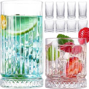 Crystal Drinking Glasses, Set of 8 Durable Glass Cups-4 Highball Glasses 15oz & 4 Rocks Glasses 12oz, Mojito Cups, Cocktail Glass, Bar Glassware Set for Cocktail, Beer, Whiskey