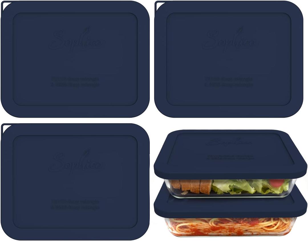 Sophico 3-Pack Silicone Lids for Pyrex Freshlock 6/8-Cup Glass Bowls (7211R/8608) - Airtight, Leakproof, Freezer/Dishwasher/Microwave Safe Replacement Rectangle Covers (Navy Blue-3Pack)