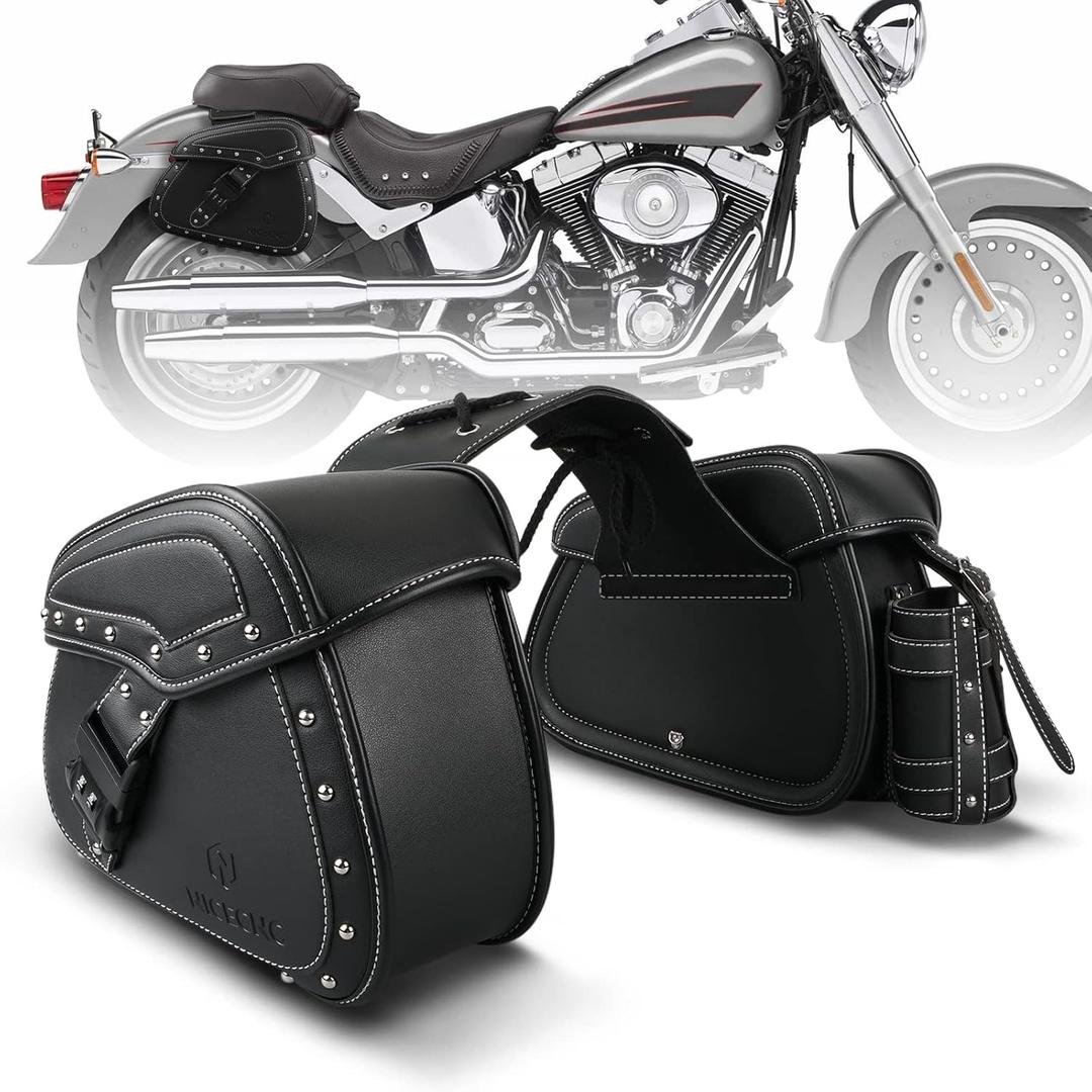 NICECNC Motorcycle Saddle Bags, PU leather Saddlebags, Reinforced Straps & Saddle Piece, with Cup Holder & Lock, Throw Over Saddle Bag Side Bags, Black