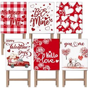 VitalCozy Set of 6 Valentine's Day Chair Covers Valentine's Day Dining Chair Slipcovers Red Heart Farmer's Truck Linen Dining Room Seat Covers Removable for Kitchen Home Anniversary Wedding Gift