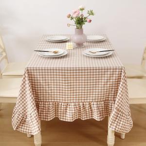 100% Cotton Taupe White Plaid Ruffled Table Cloth Square 60x60 in Cottage Coquette Checker Gingham Vintage Decorative Tablecloth (Taupe/White Plaid, 60x60 inches)