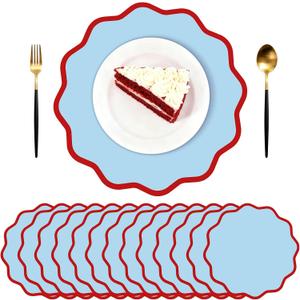 Blue Scalloped Paper Placemats 60 Pcs Disposable Coated Paper Waterproof Place Mat with Wavy Edge Table Decor for Baby Shower Party Supplie Birthday Wedding Banquet Tea Party (13.5 Inch Round)