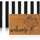 Duraaamo 2 Pcs Spring Coir Doormat Outdoor Flower Welcome Outdoor Rug Front Porch Mats Layered Black and White Stripe Rugs for Spring Front Porch Entryway Decor, Simple Flowers
