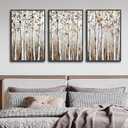 Large Framed Tree Wall Art - Abstract Forest Wall Decor 24"x36" Set of 3 Aesthetic Autumn Birch Painting Prints Modern Brown Plant Canvas Pictures for Living Room Bedroom Office Artwork