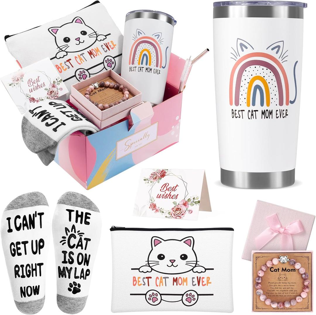 Cat Mom Gifts for Women, Cat Lover Themed Basket With 20 oz Tumbler, Makeup Bag, Natural Stone Bracelets, Socks for Mom,Mother's Day, Birthday, Christmas