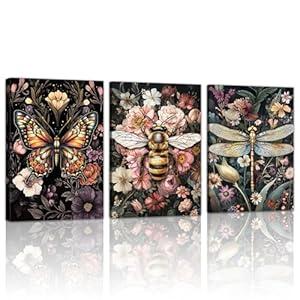 WENGTIAO 3Pcs Vintage Insect Canvas Wall Art Gothic Dark Flower Prints Bee Butterfly Dragonfly Pictures Nature Plant Paintings Artwork for Living Room Bathroom Bedroom 20x28x3