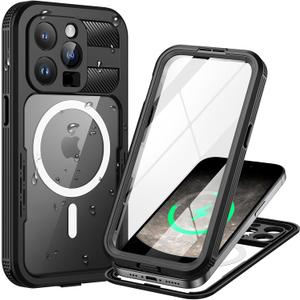 Magnetic for iPhone 15 Pro Max Case, IP68 Waterproof Dustproof Case, [Compatible with Magsafe] [Built-in Screen Protector] Full Body Heavy Duty Rugged Phone Cover 6.7 inch, Black/ Clear