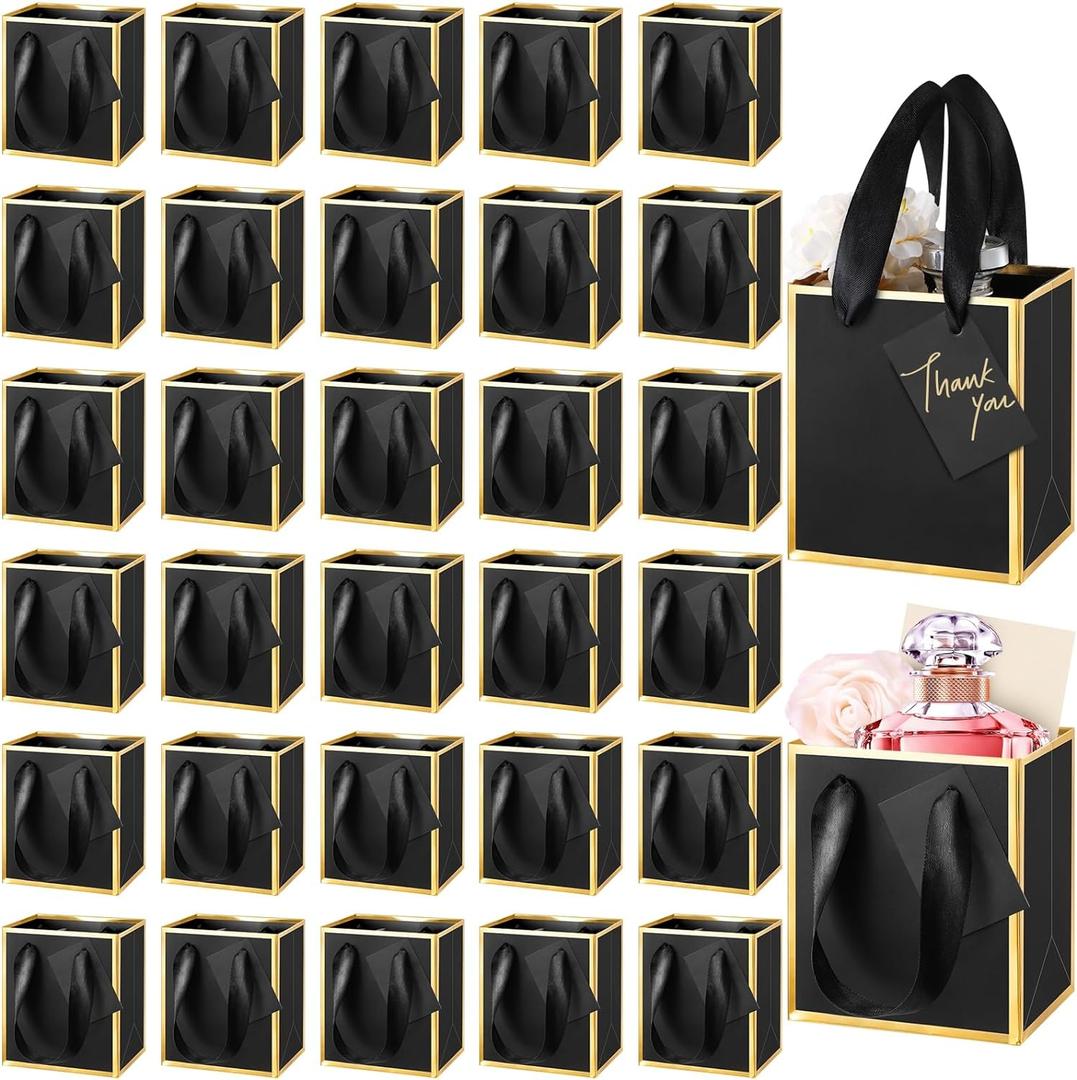 Yeaqee 50 Pcs Mini Metallic Paper Gift Bags with Handles 4x2.75x4.5'' Tiny Small Gift Bags with Thank You Tag for Wedding Graduation Birthday Party Return Gifts Jewelry Business (Black,Gold)