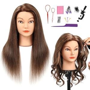 SOPHIRE 20-22 inches 100% Real Human Hair Mannequin Head, Hairdressers' Practice Training Head and Cosmotology Doll Head for Hairstyling and Braid - Dark Brown