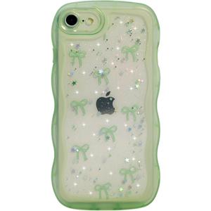 Qokey for iPhone SE(2020/2022)/8/7 Case - Glitter Star & Curved Edge Handle Grip Design, Military-Grade Shockproof Clear TPU Cover, Sparkle Protection Scratch-Resistant, Holographic Sage Green Bow