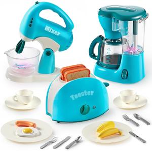 Joyin Play Kitchen Toys, Pretend and Play Food Kitchen Accessories Girls Toy with Coffee Maker, Mixer, Toaster with Realistic Lights& Sounds, Birthday Gift for Kids, Gifts for Christmas (Blue)