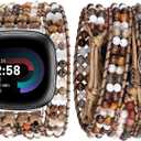 JR.DM Boho Beaded Band Women for Fitbit Versa 4/Versa 3/Sense 2/Sense Brown Stone Bracelet Adjustable Handmade Braided Rope Watch Strap Smartwatch Replacement Wristband