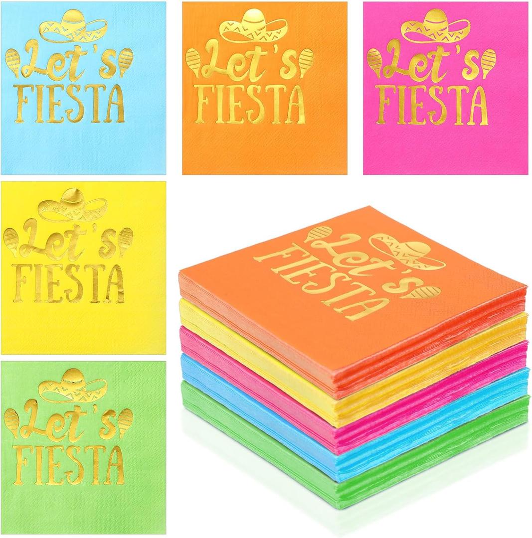 Baderke 100 Pcs Fiesta Napkins, 2 Ply Disposable Themed Napkins, Wood Pulp, 5 Colors