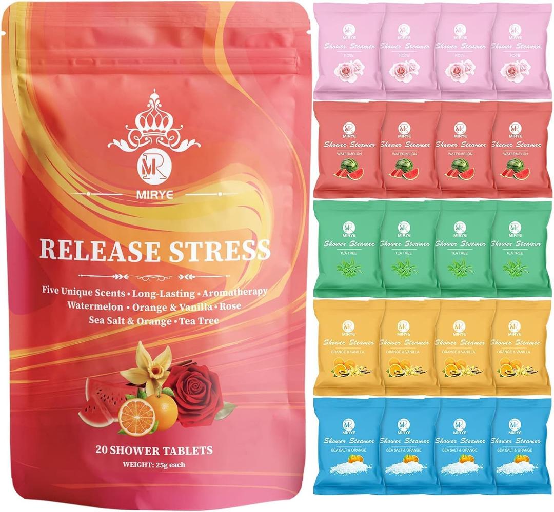 Shower Steamers Aromatherapy - 20 Pack Shower Bombs Aromatherapy Birthday Gifts for Women, Organic Watermelon, Orange & Vanilla, Sea Salt & Orange, Rose, Tea Tree, Gift for Women (Red 20-pack 5 Scents)