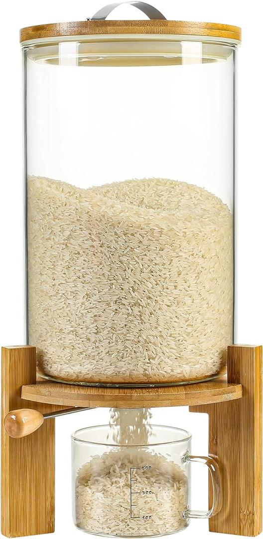 Rice Dispenser, Rice Storage Container Flour and Cereal Container with Airtight Lid and Wooden Stand, Glass Food Storge Container for Kitchen Organization and Pantry Store (8L)
