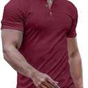 JMIERR Mens Muscle Slim Fit Button Henley Shirts Summer Crewneck Short Sleeve Longline Fitted T-Shirt Gym Workout Athletic Tees Shirt for Men, Large, Red