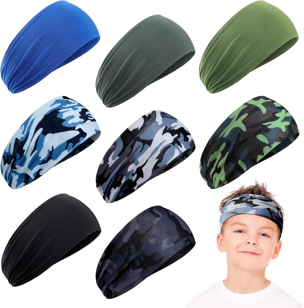 Zhanmai 8 Pieces Boys Headbands Athletic Sweatbands Kids Sports Wicking Breathable Headbands Elastic Girls Boys for Football Basketball Running Exercise