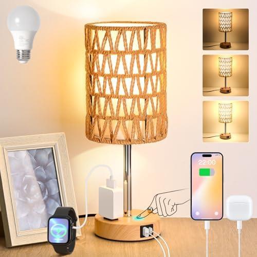 Rattan Table Lamps for Living Room, 3 Way Dimmable Touch Lamps, Small Bedside Lamps with LED Bulbs, Phone Stand, USB Ports and AC Outlet, Boho Nightstand Lamp for Bedroom Office (1 Pack Faux Wood)