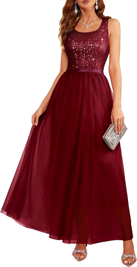 BeryLove Sequin Dress for Woman Vintage A Line Wedding Formal Swing Mesh Dress Sleeveless Cocktail Maxi Gowns (Red, XXL)
