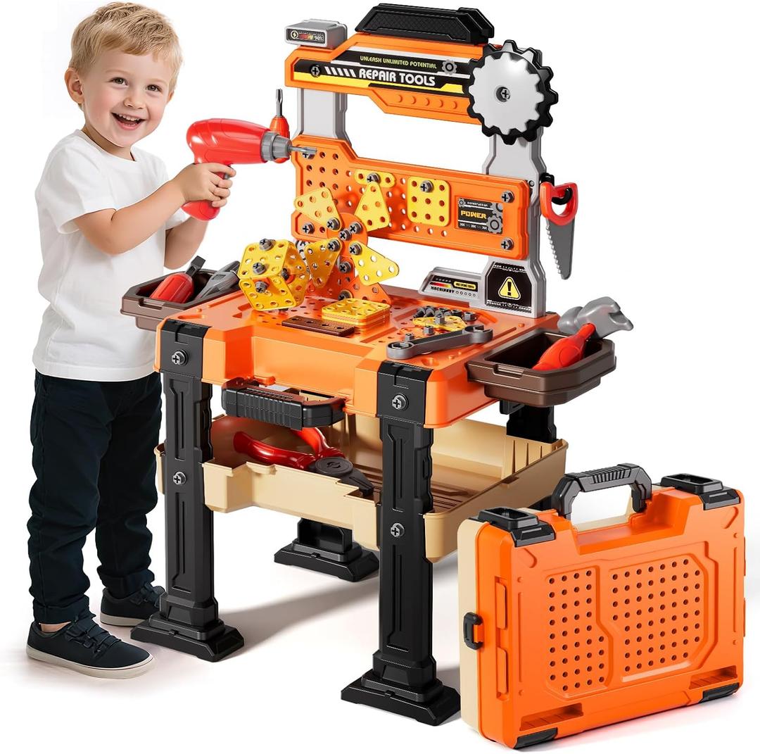 2 x Kids Tool Tool Bench Set Pretend Construction Toys Electric Drill Tool Box | Large pretend kids tool bench with storage tray,complete screws,wrench & electric drill toy Christmas gift for little boys