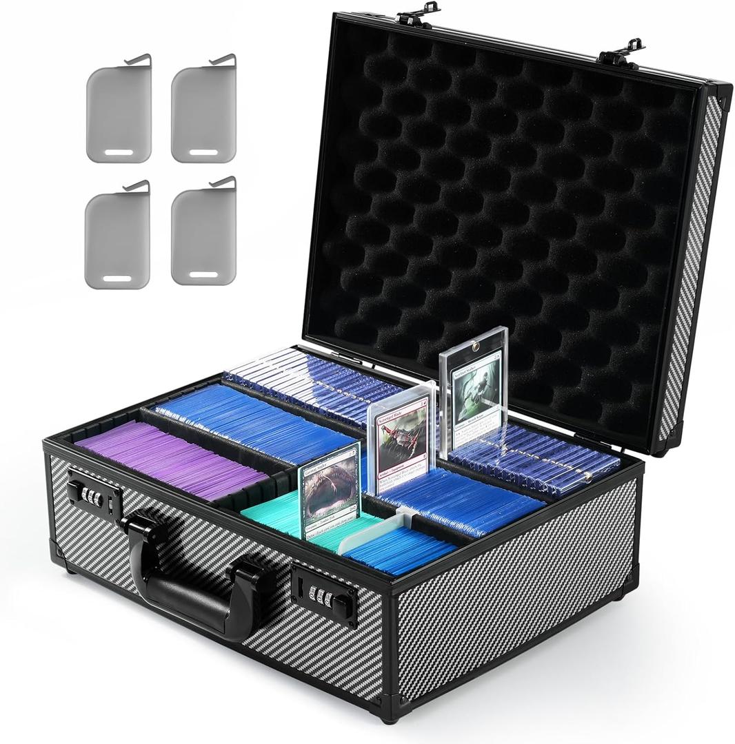 Kabinka top loaders Storage Box for 3" X 4" 35pt Rigid Cards, Trading Card Storage Box with Combination Lock, Top Loader Storage Hard Case, Sports Card Case (Holds 600+ Top Loaders, Carbon Fibre)
